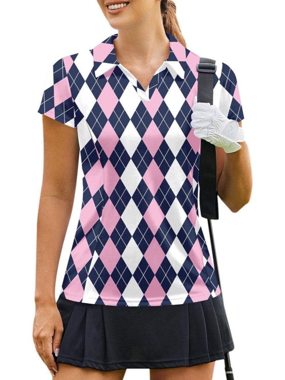 Womens Black Pink Plaid Golf Shirt Short Sleeve Quick Dry V-Neck Tennis Tops Fit